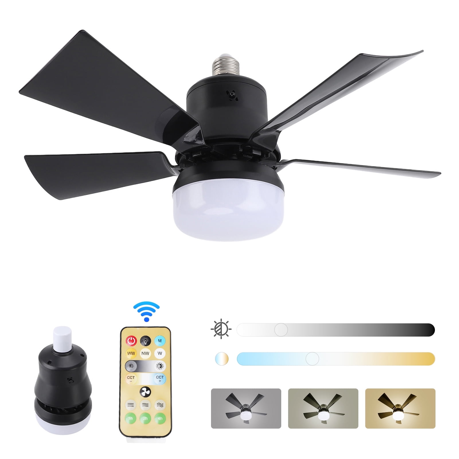 Socket Fan Light with Remote, 16” Screw Ceiling Fans with 3-Speeds, Dimmable LED, E26/E27 Base, Socket Fan Ceiling Fan for Garage Bathroom Bedroom Kitchen, Black Round Lamp