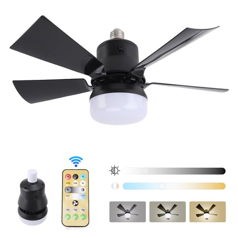 Socket Fan Light with Remote, 16” Screw Ceiling Fans with 3-Speeds, Dimmable LED, E26/E27 Base, Socket Fan Ceiling Fan for Garage Bathroom Bedroom Kitchen, Black Round Lamp