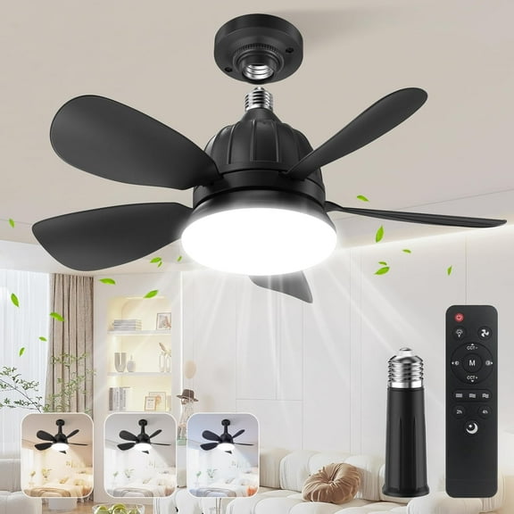 Socket Fan Light with Remote: 18'' Small Ceiling Fans with Lights, 2000 Lumens Dimmable Led Bulb, 3 Colors 3000K-6500K, Easy Install Screw in E26 Base for Bedroom Living Room Kitchen Garage