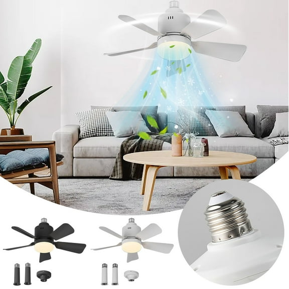 Socket Fan Light With Remote,3 Colors 3000K-6500K Dimmable Led Light Bulb Fan For E26/E27 Base Small Ceiling Fan With Socket Extender Screw In Small Ceiling Fan,For Bedroom Living Room Kitchen Garage