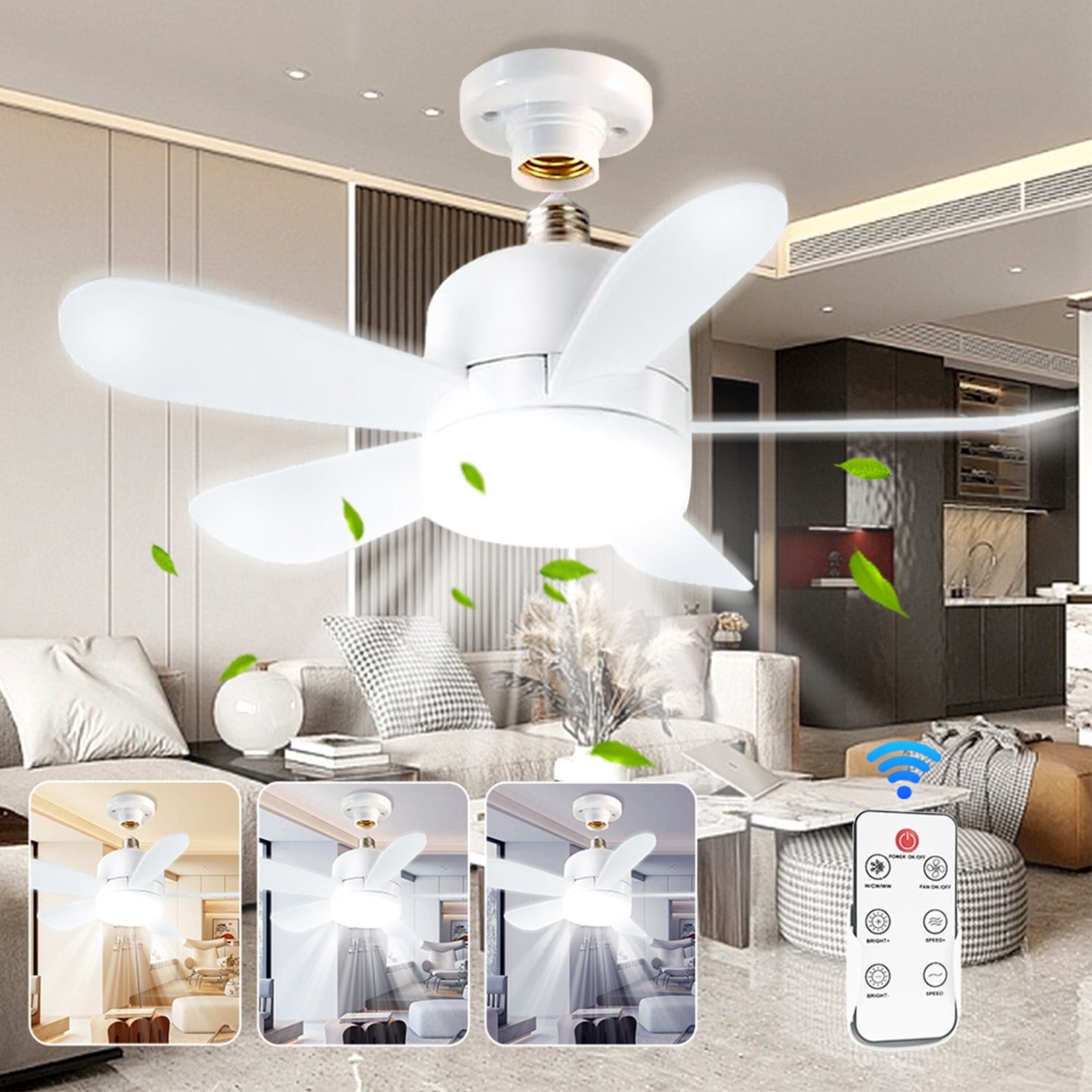 Socket Fan Light with Remote Control, 16’ Screw Ceiling Fan with 3 ...