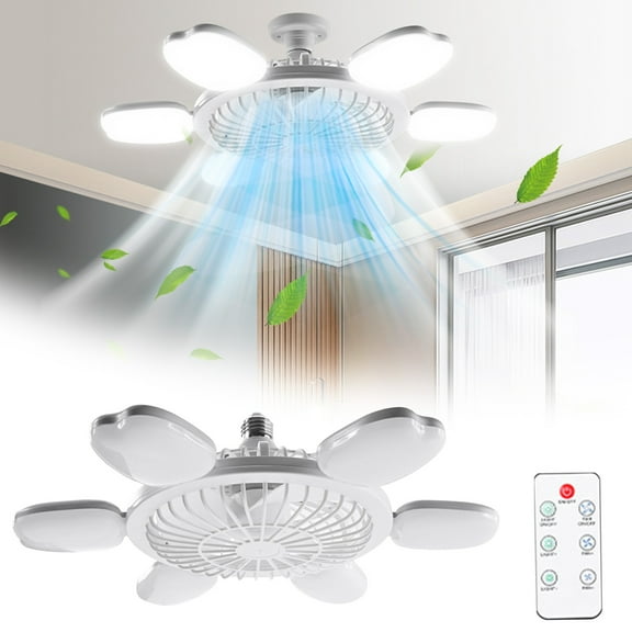 Socket Fan Light with Remote, Screw in Small Ceiling Fan with Light, Wireless Light Socket Fan, Dimmable LED Ceiling Fan, Semi Flushs Mount Ceiling Fixture with Foldable 4-Leaives Designs