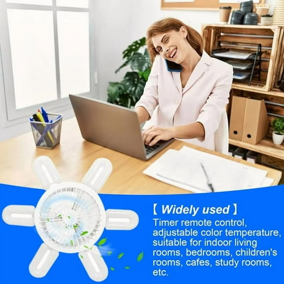 Socket Fan Light Small Ceiling Fans Adjustable Speeds Folding Leaf Lamp with Remote 3 Colors Dimmable LED Bulb