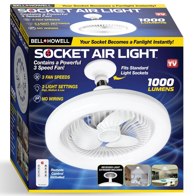 Bell and Howell Wireless Ceiling Fan Light Socket with 3 Speeds, Remote ...