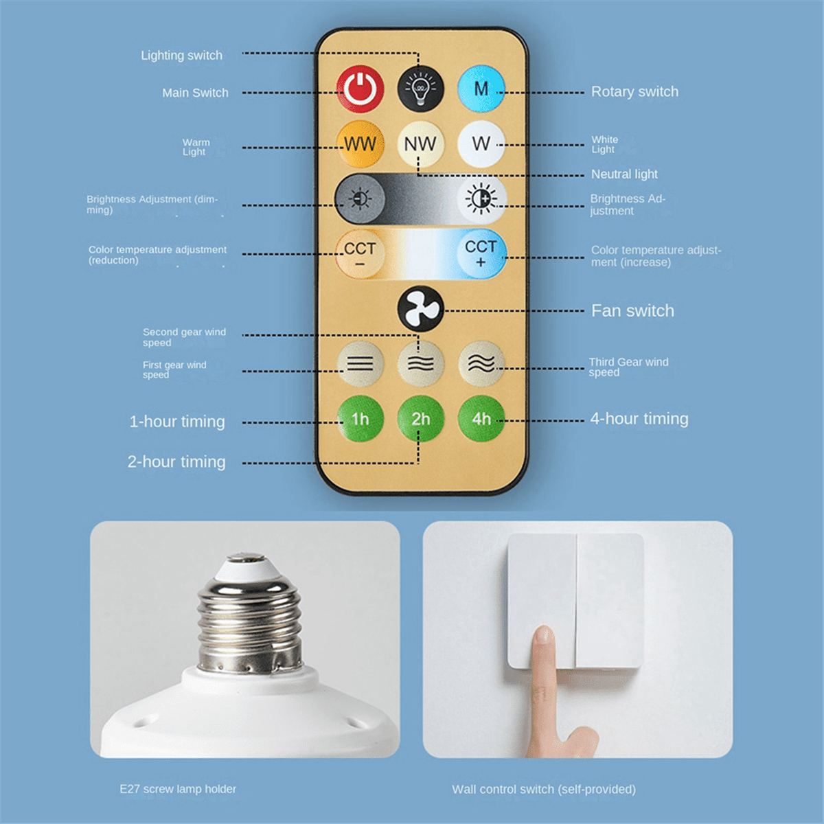 Socket fan light with remote ceiling fan with 3 speeds dimmable led
