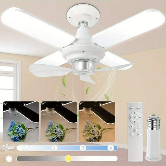 Socket Fan Light with Remote, Small Ceiling Fan with 3-Speeds, Dimmable LED, E26 Base, Light Socket Fan for Kitchen, Bedroom, And Small Rooms