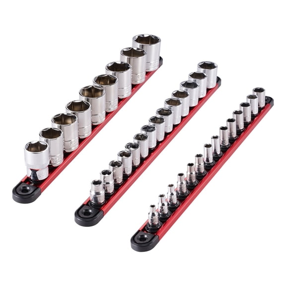 Dranite Socket Organizer Rail Set, 3-Pack Heavy-Duty Aluminum Rails with 40 Clips & Locking Lever, for 1/4" 3/8" 1/2" Drive Sockets