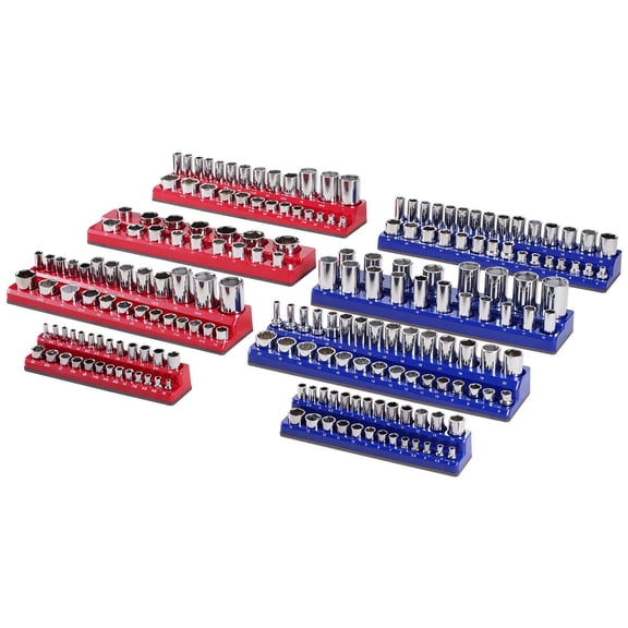 Socket Organizer Set 8PCS 1/4 3/8 1/2 Inch Metric SAE Tray Holder with Clear Labels, Holds 199 Standard & Deep Sockets Blue Red