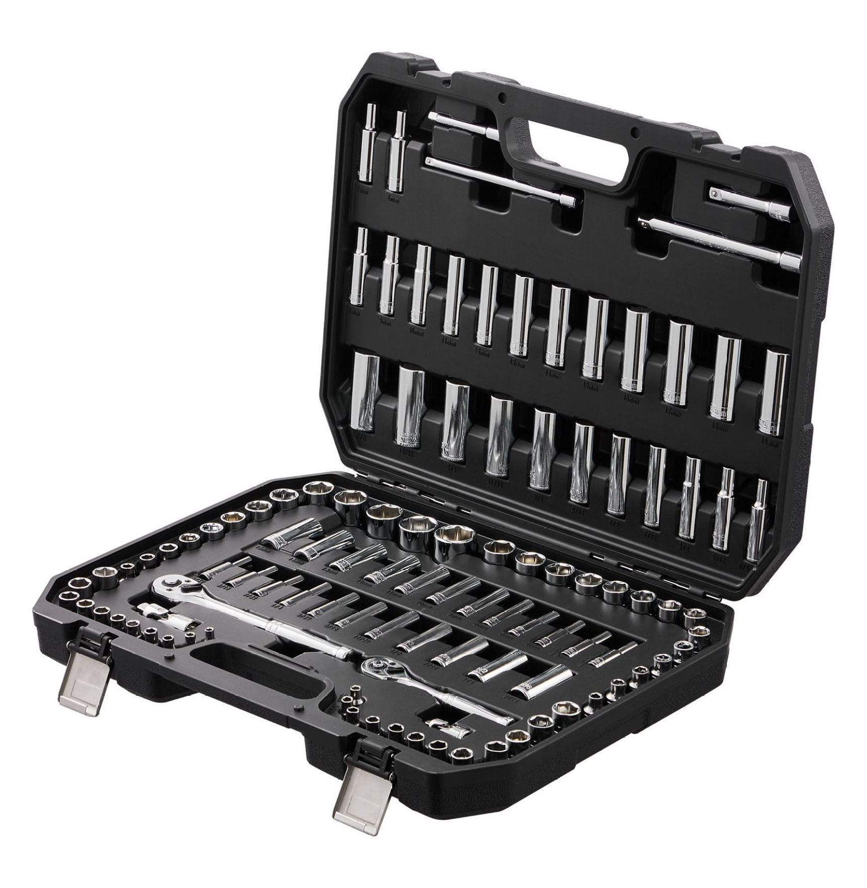 Socket Set 1/4" & 3/8" Drive, 106 Pcs SAE Metric Socket Set, 6-Point, Deep/Standard Sockets, 5/32-1in, 5-19mm, with Storage Case