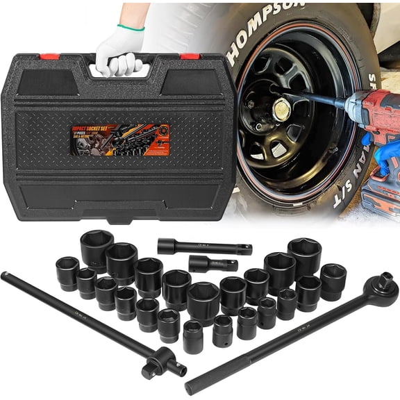 Socket Set, 3/4 Inches Drive Socket Set Standard SAE (7/8 Inches to 2 Inches) & Metric Sizes (22 mm-50 mm), 27 count Standard Sockets with Extension Bars and Ratchet Handle