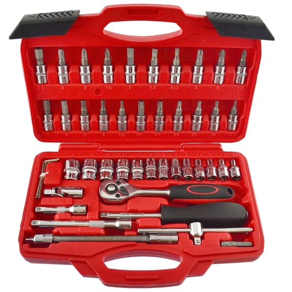 Socket Set - 46 Pieces, Big Red Box Spanner Socket Set 1-4" Car Repair Tool | Ratchet Wrench Set Hand Tool | Chrome Vanadium Steel, Extension Bar & Sliding T-Bar For Easy Operation Tool