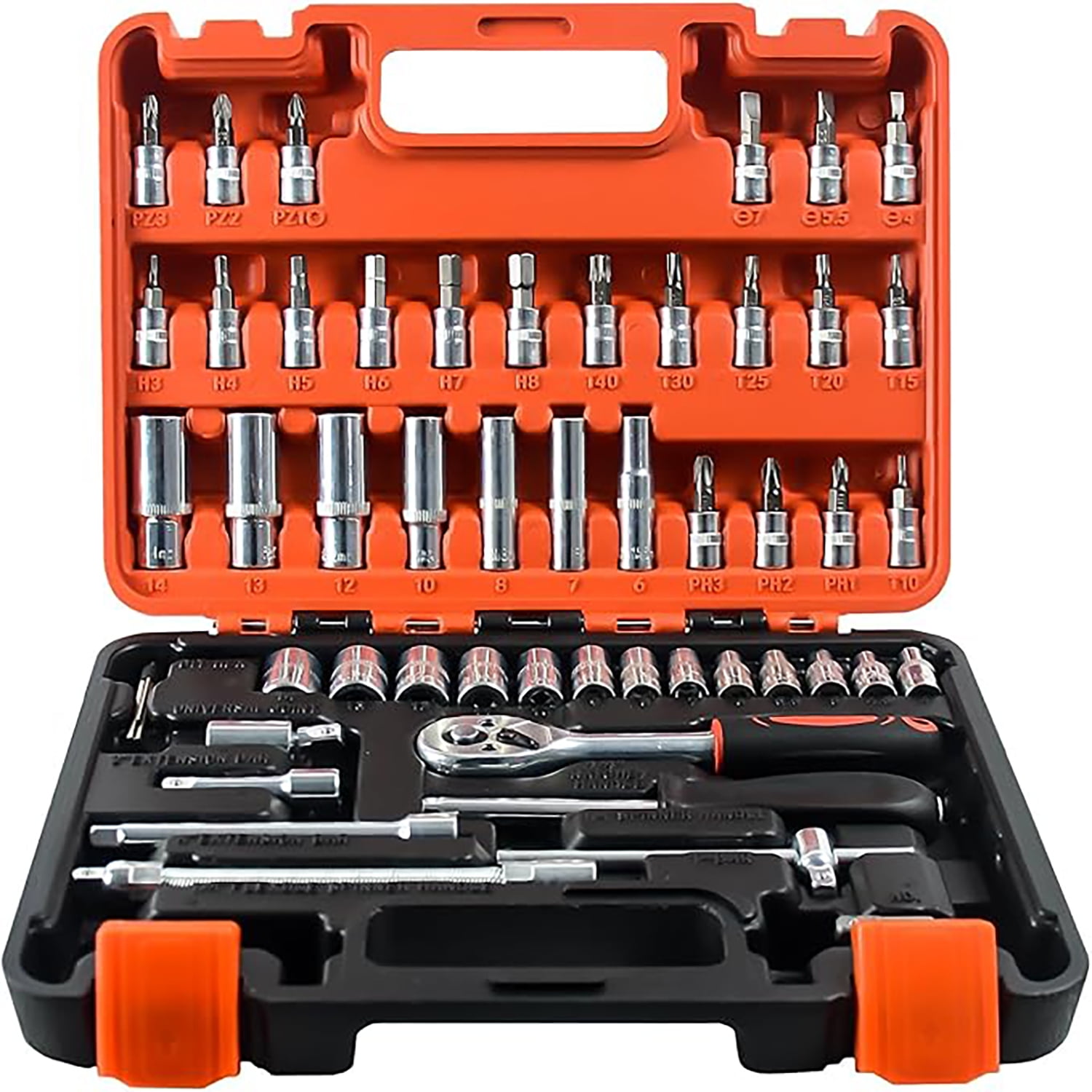 Socket Set 53 Pcs, 1/4" Drive Ratchet Wrench Set For Narrow Spaces, Comes With Drill Bits, Sockets And Extension Rods, Tool Kit With A Groove Design, Suitable For Repairs And Household Tasks