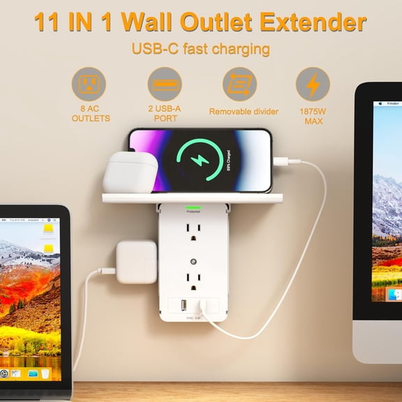 Socket Shelf-CFMASTER 10-Port Surge Protector Wall Outlet, 8 Extension Outlets and 2 USB Ports 2.4A, with Removable Built-in Rack, FCC Certified (1, White)