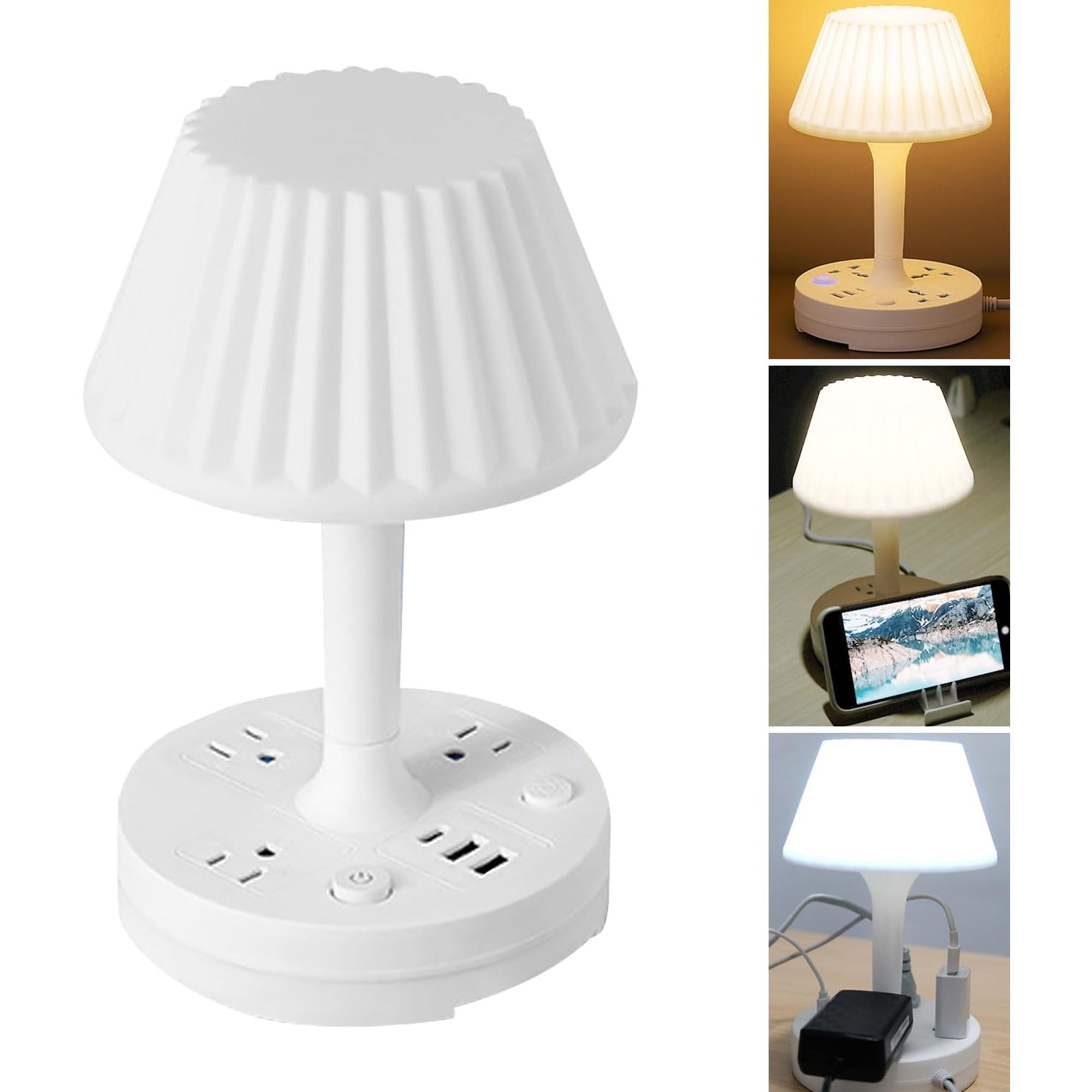 Socket Table Lamp Power Strip, AC Outlets + USB Charging Ports, All-in-one Design Multiple Functions Dimmable Small Reading Desk Lamp , Eye Care LED Nightstand Light for Home Office Dorm Bedside