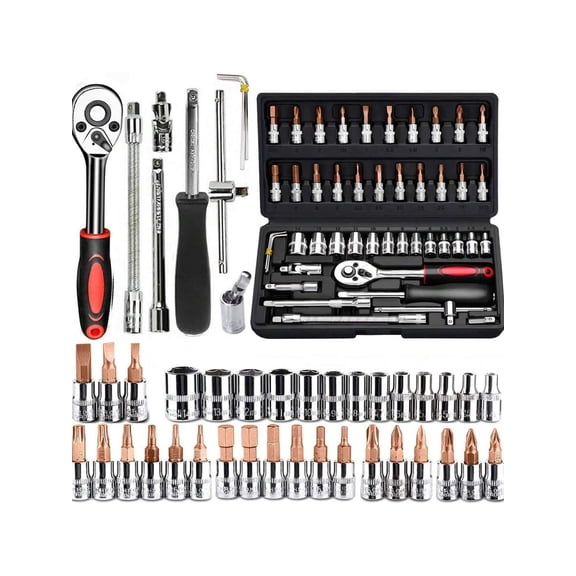 Socket Wrench Set 46-Piece Ratchet and Socket Set Metric 1/4 Inch Drive with Extension Bar and Bit Sockets for Auto Repair and Household Maintenance