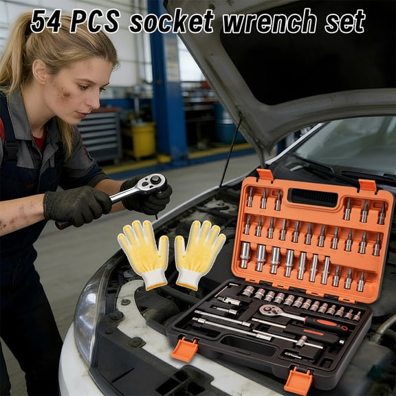 Socket Wrench Set with Ratchet Handle, 54-Piece Mechanic Tool Kit in Case for Auto Repair