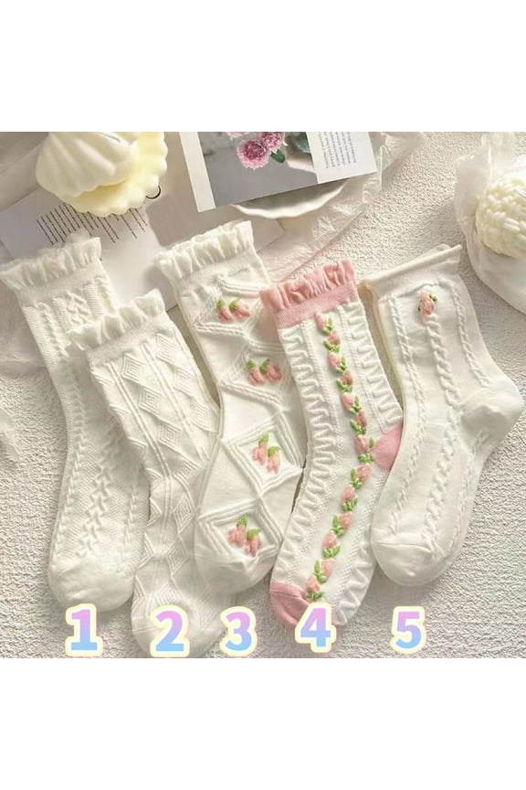 Socks 5 Pairs White Cute Socks Women's Lace Ruffles Ankle Casual Sock Breathable Mid Tube SocksFloral Crew Socks