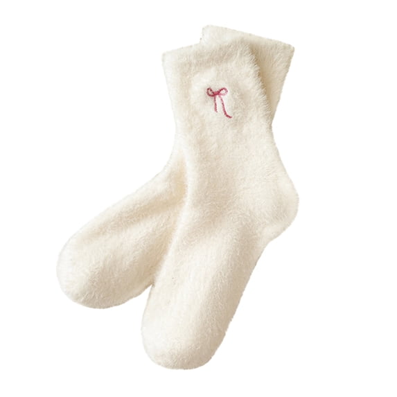 Socks Breathable SoftComfortable Ladies' Mink Fleece Cold and Warm Keeping Korean Style Bow Decorated Mid Calf Home Plush Sleep Beige