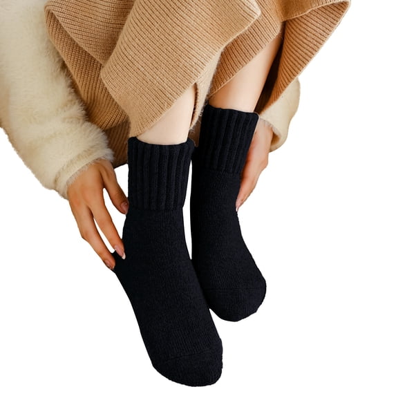 Socks Breathable SoftComfortable Ladies' Thick Wool Solid Color Mid Calf Fleece Lined Women's Extra Thick Proof for Outdoor Wear To Keep Warm Black