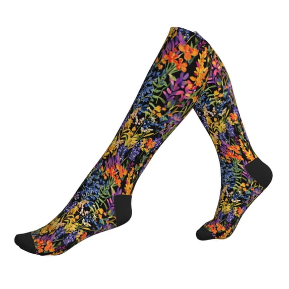 Socks Calf Pressure Socks Breathable Moisture Absorbent 11.8in×7.9in Full Print Designed For Hiking Walking Sports Flowers (5) 2 Black-2