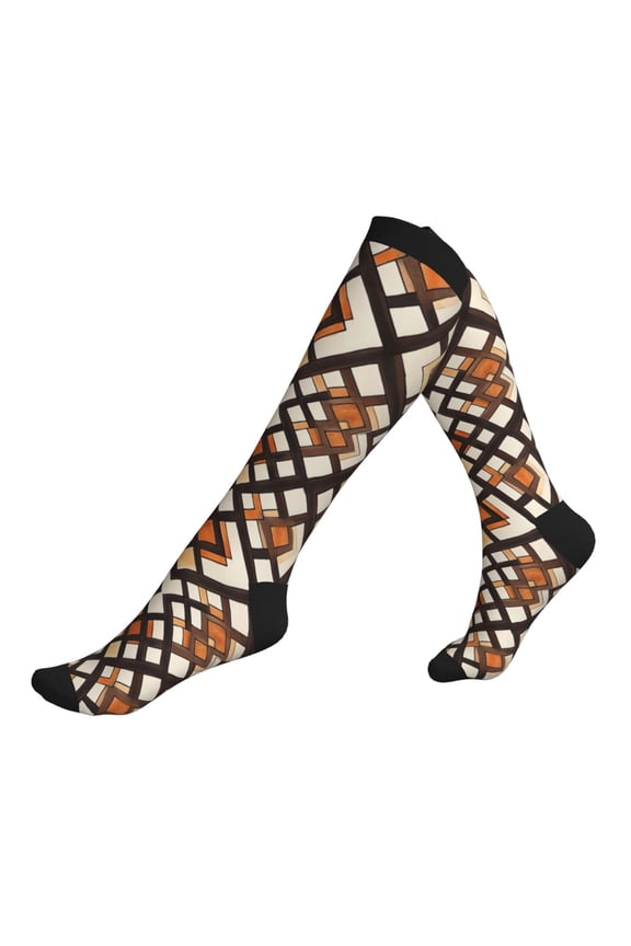 Socks Calf Pressure Socks Breathable Moisture Absorbent 11.8in×7.9in Full Print Designed For Hiking Walking Sports Brown Moroccan Trellis Hand-Drawn Sketch_3 3 Black
