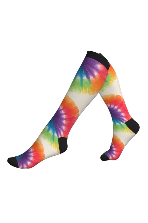 Socks Calf Pressure Socks Breathable Moisture Absorbent 11.8inĂ—7.9in Full Print Designed For Hiking Walking Sports Darkorchid Tie Dye Background Rainbow Colors 3 Black