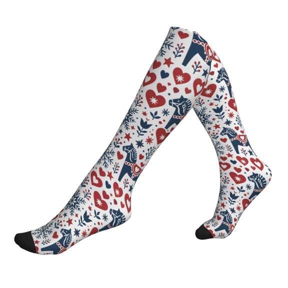Socks Calf Pressure Socks Breathable Moisture Absorbent 11.8in×7.9in Full Print Designed For Hiking Walking Sports Nordic Folk Art Christmas Pattern 1 Black