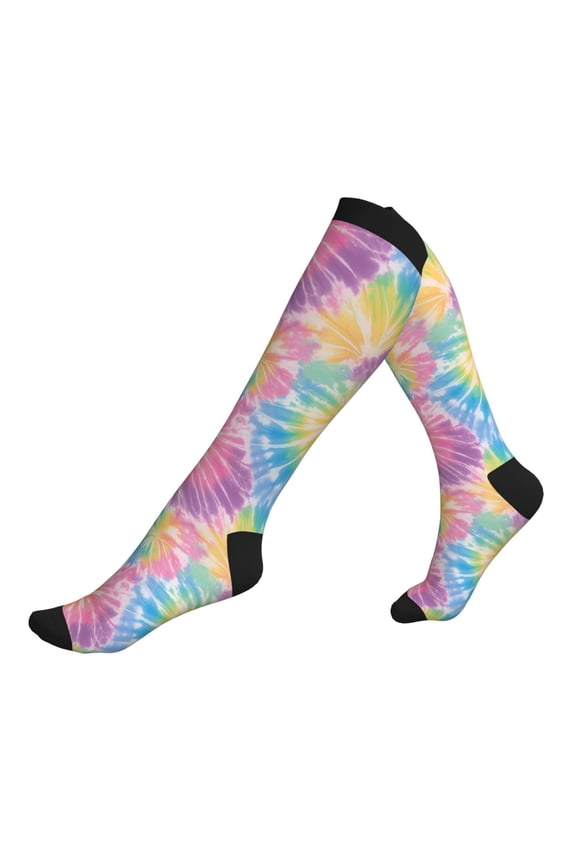 Socks Calf Pressure Socks Breathable Moisture Absorbent 11.8in×7.9in Full Print Designed For Hiking Walking Sports Tie-Dye Pattern Rainbow Colors Tie-Dye Background_2 3 Black
