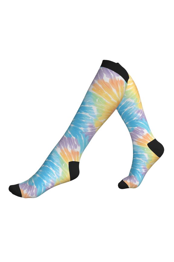 Socks Calf Pressure Socks Breathable Moisture Absorbent 11.8in×7.9in Full Print Designed For Hiking Walking Sports Turquoise Tie Dye Background Rainbow Colors_3 3 Black