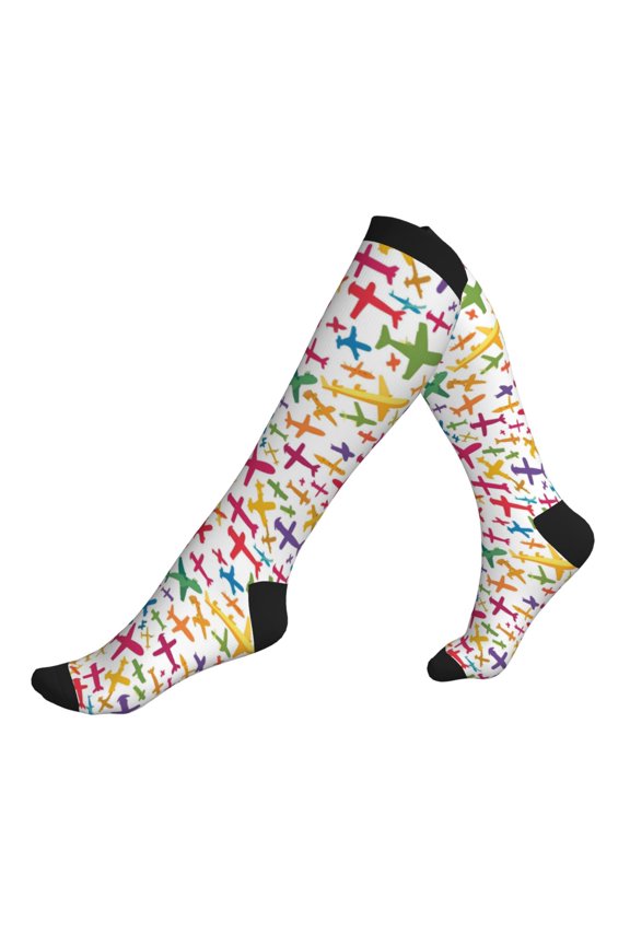 Socks Calf Pressure Socks Breathable Moisture Absorbent 11.8in×7.9in Full Print Designed For Hiking Walking Sports Various Cartoon-Style Airplanes 3 Black