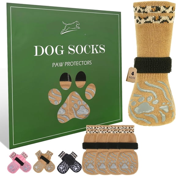 Socks for Hot Pavement to  Licking Paws, Non-Slip  Grippy Booties Shoes for Hardwood Floors, Traction Control Boots & Paw Protectors for Small Medium Large Senior Dogs KhakiXS