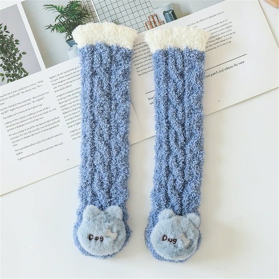 Socks Kid Fuzzy Knee High Socks Toddler Boys Girls Cozy Slipper Socks Soft Cute Winter Fleece Long Socks Light Blue One Size