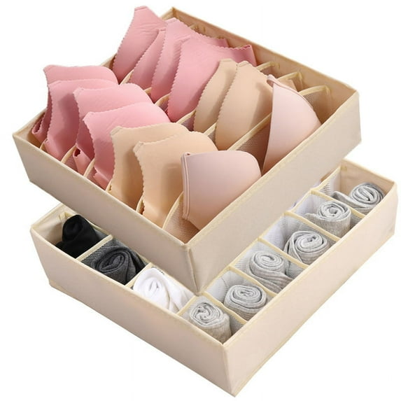 Socks Organizer Underwear Bra Lingerie Drawer Organizer Collapsible Divider Storage Box for Clothes Ties Undies Belts, 2Pack, 24Cells & 7Cells, Beige