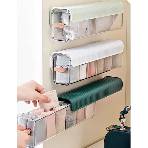 Socks Underwear Wall Mount Drawer Organizer, Switchable 6 Cell Drawer Acrylic Organizers Self-Adhesive Anti Dust Storage Boxes for Clothes Socks Lingerie Underwear Ties (Ivory white)