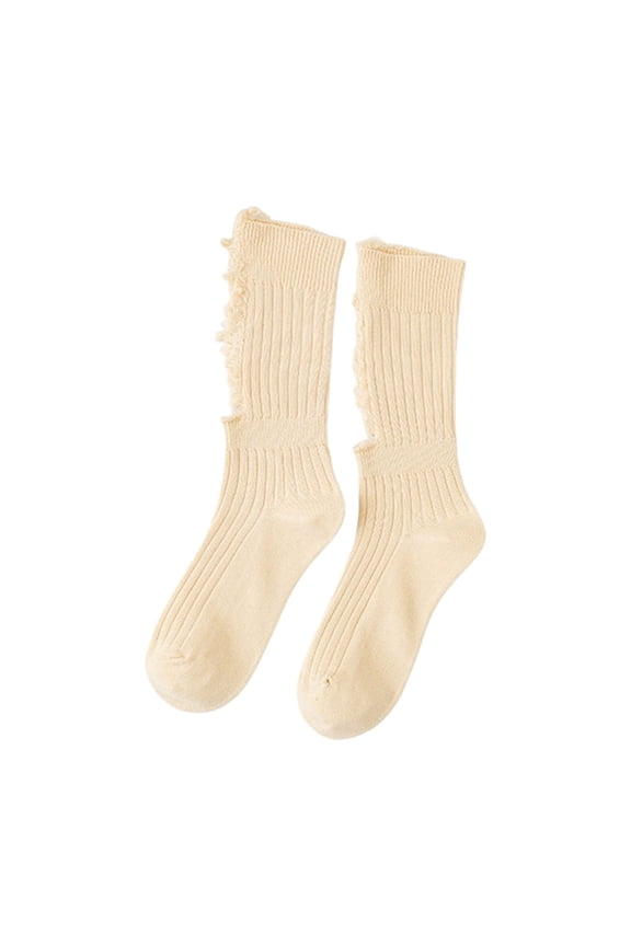 Socks Women Beggar Shabby Ripped Hole Crew Socks Ribbed Knit Fluorescent Solid Color Skateboard Tube Hosiery Beige One Size