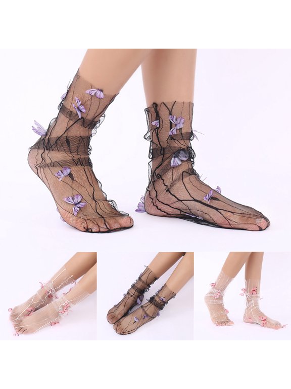 Socks for Women Helii Fashion Lightweight Breathable Flower Embroided Sheer Crew Socks Casual Sweet Boho Spring Vacation Travel Beach Wear Trendy (White)
