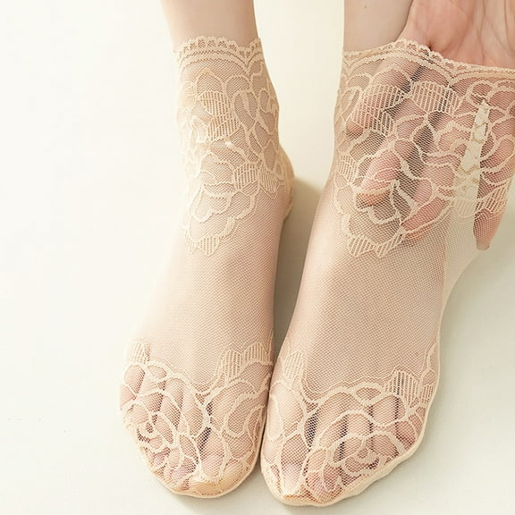 New Socks Women's Lolita Lace Fashion Transparent Invisible Thin Cotton Non-Slip Short Ankle Black White Print Ruffles Boat Sock