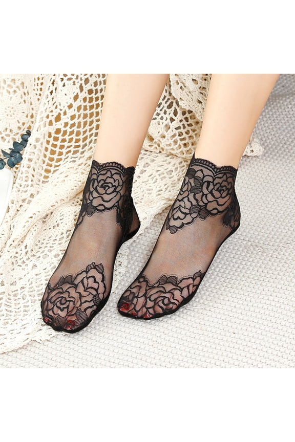New Socks Women's Lolita Lace Fashion Transparent Invisible Thin Cotton Non-Slip Short Ankle Black White Print Ruffles Boat Sock