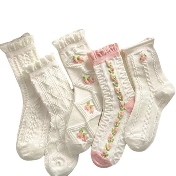 Socks for Women 5 Pairs White Cute Socks Women's Lace Ankle Casual Sock Breathable Mid Tube SocksFloral Crew Socks Womens Socks