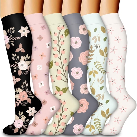 Socks for Women: Syphoria 20-30 mmhg Circulation knee high stockings for Sports Travel Flight Running, 6 Pairs