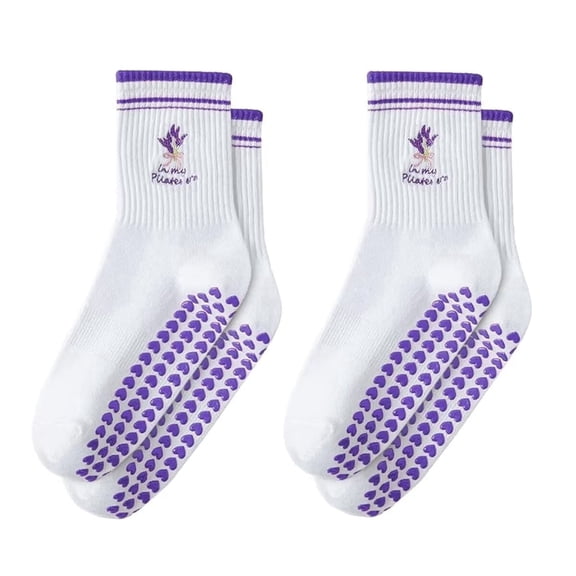 Socks with Grips for Women, Yoga Sock Cute Cotton Grippy Socks for Barre Workout Non Slip 5-10in Purple