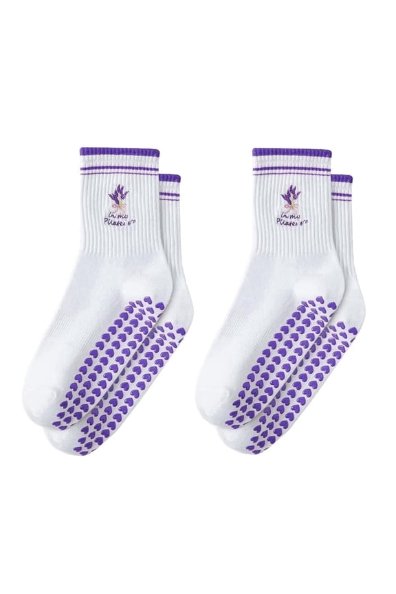 Socks with Grips for Women, Yoga Sock Cute Cotton Grippy Socks for Barre Workout Non Slip 5-10in Purple
