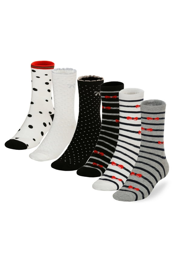 Mothers Day Birthday Back to School Gift for Her Cotton Crew Socks 6 Pairs 9-11 (Stripes Bow Polka Dots)