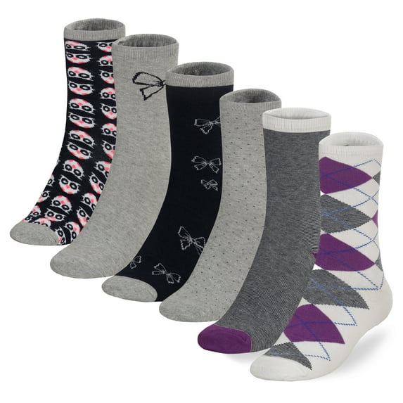 Socksmile Women's Ladies Value Classic Casual Cotton Crew Socks 6 Pairs 9-11 (Bow Owl Argyle Dots)