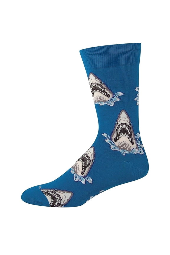 Great White Shark Attack Mens size 10-13 Crew Socks Blue Novelty