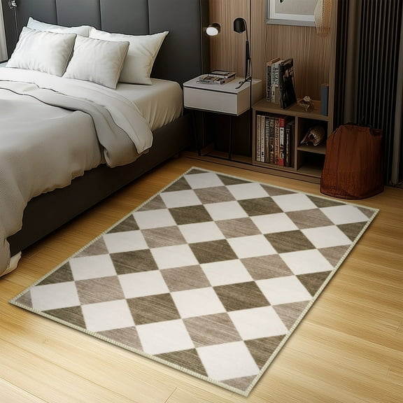 Socofuz 3' x 5' Brown Diamond Geometric Area Rugs, Soft Non-Slip Carpet Minimalist Home Decor for Office Entryway Bedroom Dining Room
