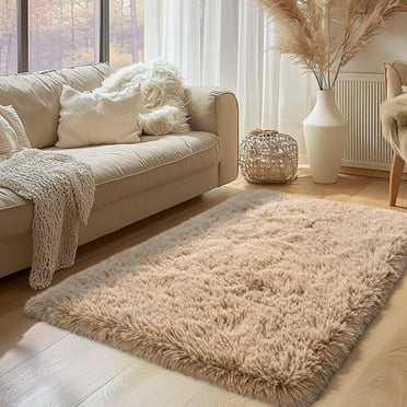 Socofuz 3x5ft Beige Fluffy Rug, Non-Slip Rectangular Carpet for Living Room Bedroom Children's Room Nursery Home Decor