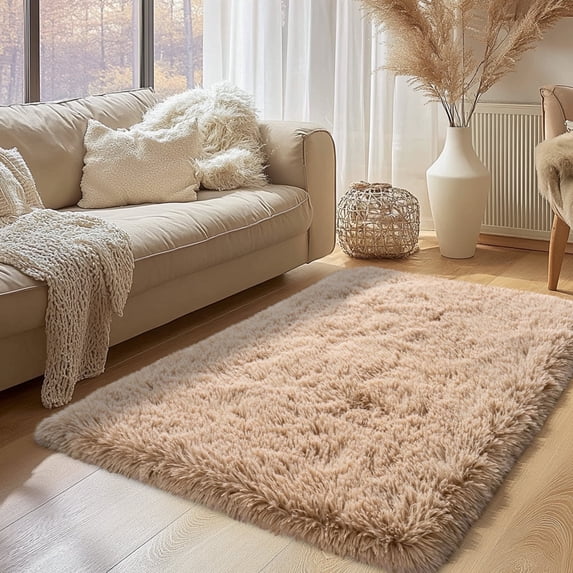 Socofuz 3x5ft Beige Fluffy Rug, Non-Slip Rectangular Carpet for Living Room Bedroom Children's Room Nursery Home Decor