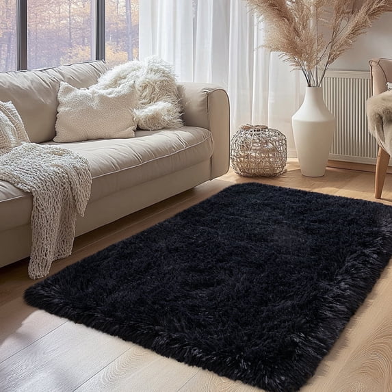Socofuz 3x5ft Black Fluffy Rug, Soft Indoor Non-Slip Carpet for Living Room Children's Room Simple Modern Home Decor