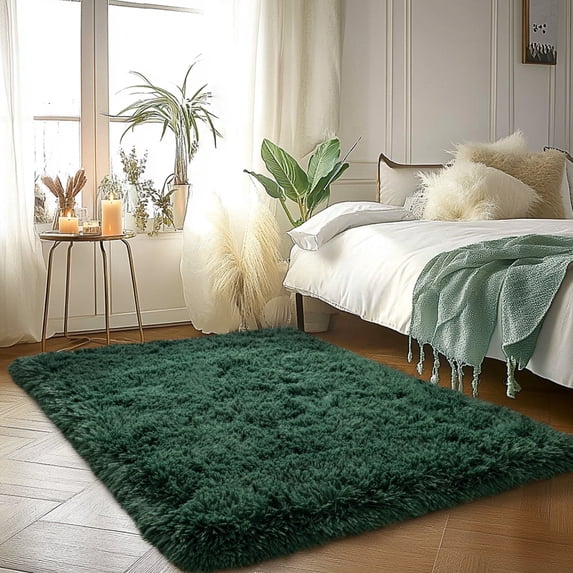 Socofuz 3x5ft Dark Green Fluffy Rug for Bedroom, Soft Indoor Non-Slip Carpet for Living Room Children's Room Home Decor